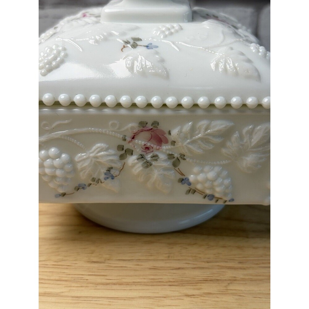 Westmoreland Milk Glass Candy Dish Lidded Paneled Grape Painted Flowers Footed - Picture 3 of 13